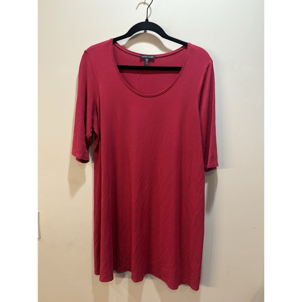 Eileen Fisher Soft Scoop Neck Long Red‎ Short Sleeve Viscose Blend Tunic XL